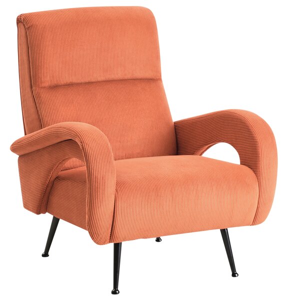 Kreslo oranžové menčestrové čalúnenie opierky na ruky čierne kovové nohy retro štýl