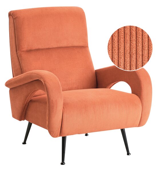 Kreslo oranžové menčestrové čalúnenie opierky na ruky čierne kovové nohy retro štýl