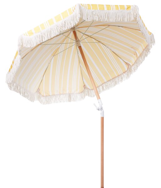 Záhradný slnečník žltá a biela polyester tyč z bukového dreva ⌀ 150 cm okrúhly nastaviteľný UV odolný retro štýl exteriér