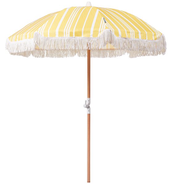 Záhradný slnečník žltá a biela polyester tyč z bukového dreva ⌀ 150 cm okrúhly nastaviteľný UV odolný retro štýl exteriér