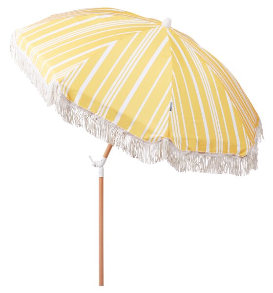 Záhradný slnečník žltá a biela polyester tyč z bukového dreva ⌀ 150 cm okrúhly nastaviteľný UV odolný retro štýl exteriér