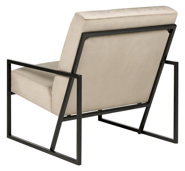 Kreslo sivobéžové zamatové čalúnené čierny kovový rám moderná elegantná obývacia izba