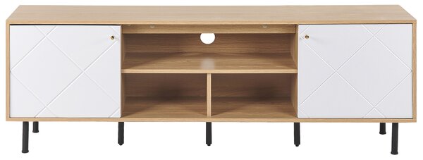 TV stolík svetlé drevo biela MDF kov 160 x 56 x 40 cm 2 skrinky 3 police čierne nohy škandinávsky štýl obývačka
