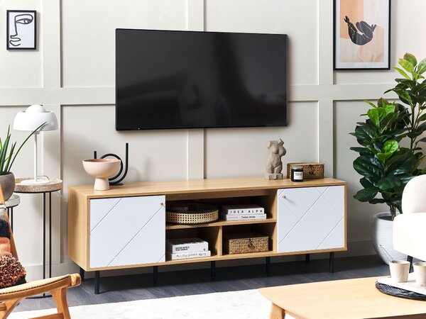 TV stolík svetlé drevo biela MDF kov 160 x 56 x 40 cm 2 skrinky 3 police čierne nohy škandinávsky štýl obývačka
