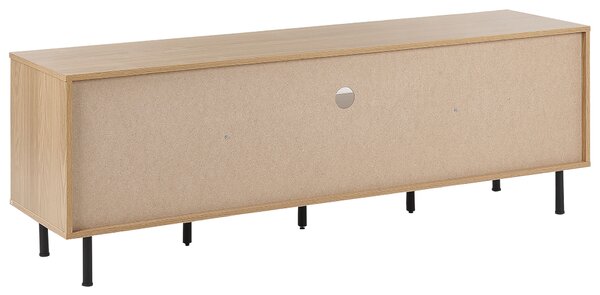 TV stolík svetlé drevo biela MDF kov 160 x 56 x 40 cm 2 skrinky 3 police čierne nohy škandinávsky štýl obývačka