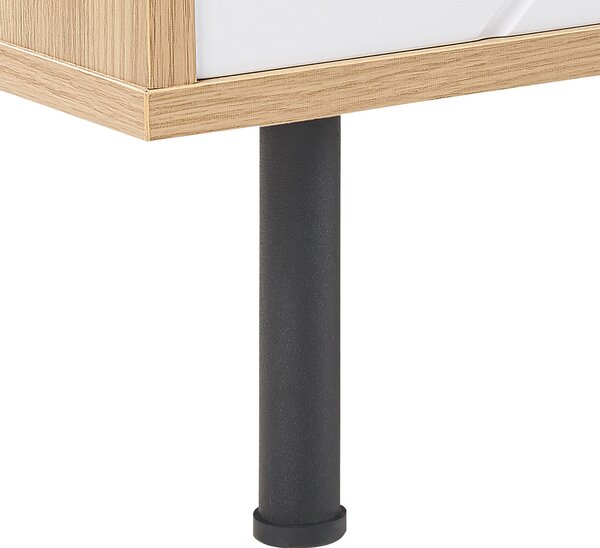 TV stolík svetlé drevo biela MDF kov 160 x 56 x 40 cm 2 skrinky 3 police čierne nohy škandinávsky štýl obývačka