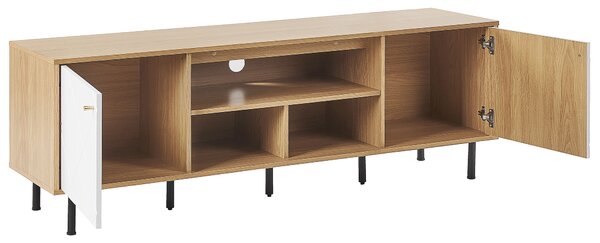 TV stolík svetlé drevo biela MDF kov 160 x 56 x 40 cm 2 skrinky 3 police čierne nohy škandinávsky štýl obývačka