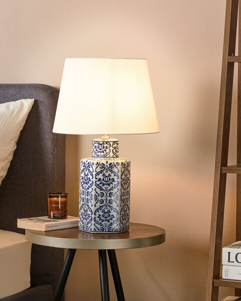 Stolná lampa biela a modrá porcelánový podstavec ľanové tienidlo 53 cm moderný štýl obývacia izba spálňa