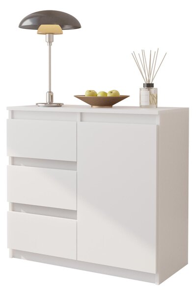 MIKEL - Komoda s 3 zásuvkami a 1 dvierkami - biela matná V75cm Š80cm H35cm