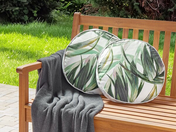 Sada 2 záhradných vankúšov zelená a biela polyester vzor listov ⌀ 40 cm moderný štýl vonkajšie dekorácie vodoodolné