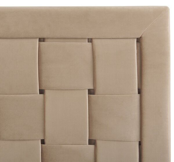 Rám postele 160 x 200 cm sivobéžové zamatové čalúnenie s čelom zlaté nohy spálňa moderný glamour štýl
