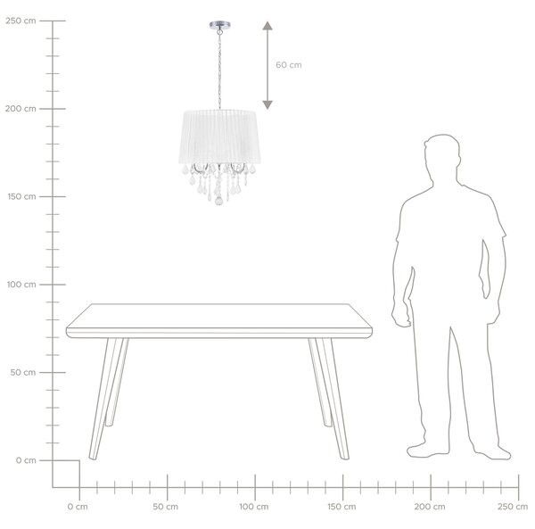 Závesná lampa biela s 3 žiarovkami biele látkové tienidlo s visiacimi kryštálikmi