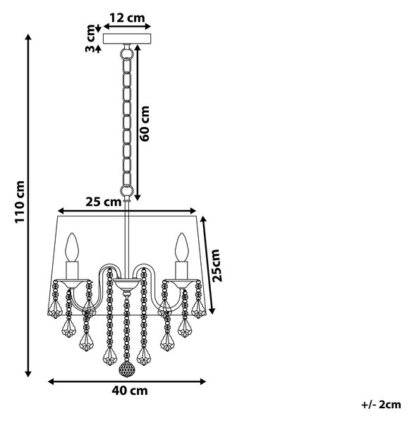 Závesná lampa biela s 3 žiarovkami biele látkové tienidlo s visiacimi kryštálikmi