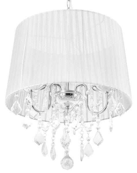 Závesná lampa biela s 3 žiarovkami biele látkové tienidlo s visiacimi kryštálikmi