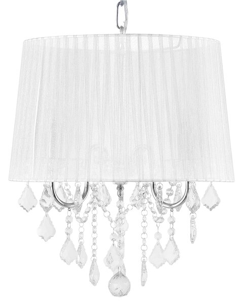 Závesná lampa biela s 3 žiarovkami biele látkové tienidlo s visiacimi kryštálikmi