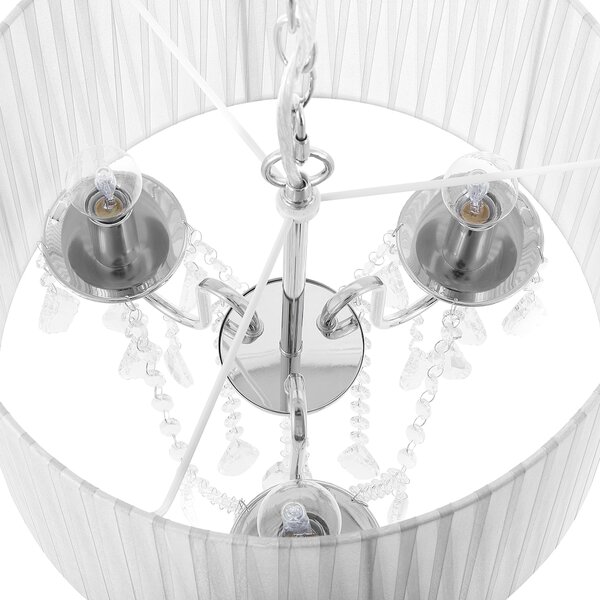 Závesná lampa biela s 3 žiarovkami biele látkové tienidlo s visiacimi kryštálikmi