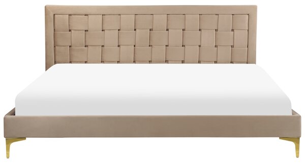 Rám postele 180 x 200 cm sivobéžové zamatové čalúnenie s čelom zlaté nohy spálňa moderný glamour štýl
