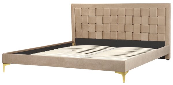 Rám postele 180 x 200 cm sivobéžové zamatové čalúnenie s čelom zlaté nohy spálňa moderný glamour štýl