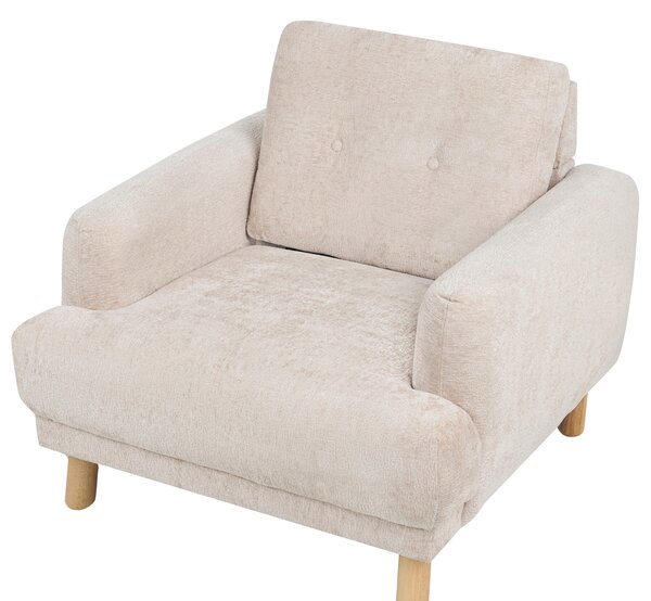 Kreslo béžové buklé čalúnenie drevené nohy minimalistický retro štýl obývacia izba