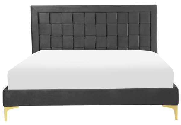 Rám postele 140 x 200 cm čierne zamatové čalúnenie s čelom zlaté nohy spálňa moderný glamour štýl