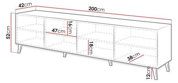 TV stolík 200 cm BERMEJO - biely / lesklý biely