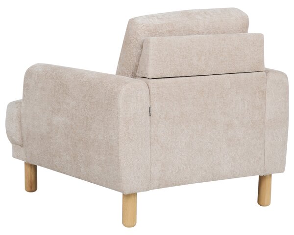Kreslo béžové buklé čalúnenie drevené nohy minimalistický retro štýl obývacia izba