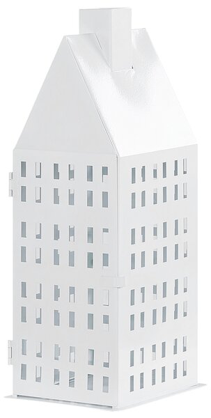 Lampáš biely kovový 40 cm svietnik v tvare domčeka klasický minimalistický dizajn dekoratívny doplnok