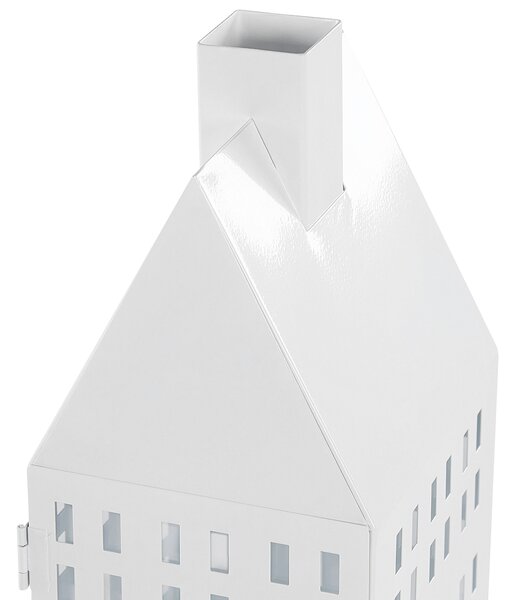 Lampáš biely kovový 40 cm svietnik v tvare domčeka klasický minimalistický dizajn dekoratívny doplnok