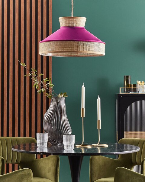 Závesná lampa ružový zamat prírodné ratanové tienidlo boho dizajn závesné svietidlo