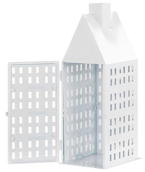 Lampáš biely kovový 40 cm svietnik v tvare domčeka klasický minimalistický dizajn dekoratívny doplnok