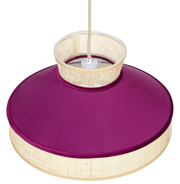 Závesná lampa ružový zamat prírodné ratanové tienidlo boho dizajn závesné svietidlo