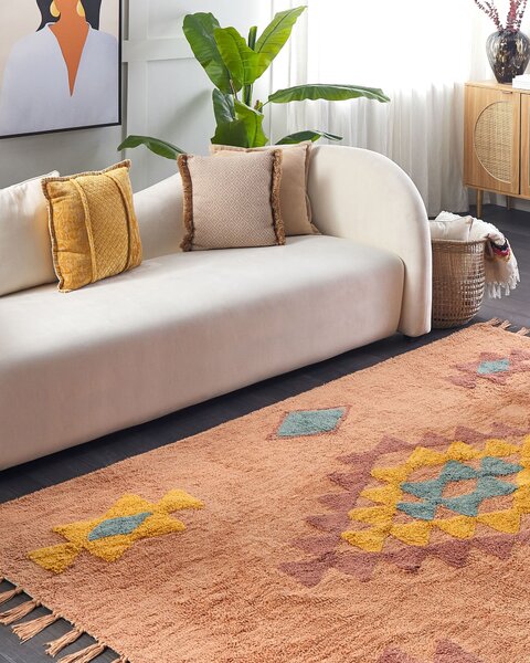 Koberec oranžový bavlnený 160 x 230 cm obdĺžnikový so strapcami geometrický vzor boho orientálny štýl