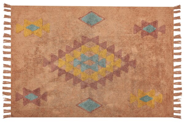 Koberec oranžový bavlnený 160 x 230 cm obdĺžnikový so strapcami geometrický vzor boho orientálny štýl