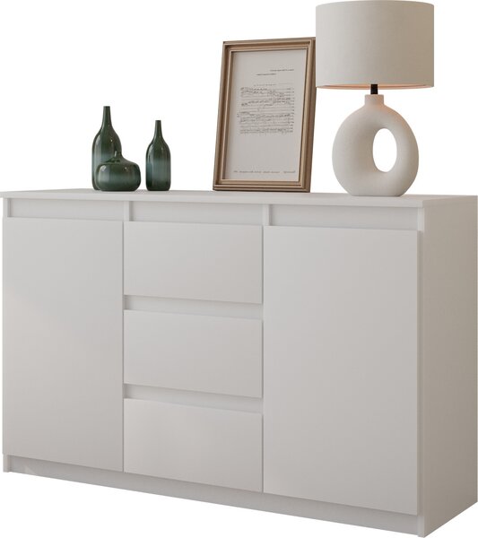 FURNICA - MIKEL - Komoda s 3 zásuvkami a 2 dvierkami - biela matná V75cm Š120cm H35cm