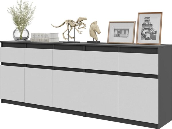 NOAH - komoda s 5 zásuvkami a 5 dvierkami - komoda do spálne Úložná skriňa Príborník - antracitovo sivá / biela matná V75cm Š200cm H35cm