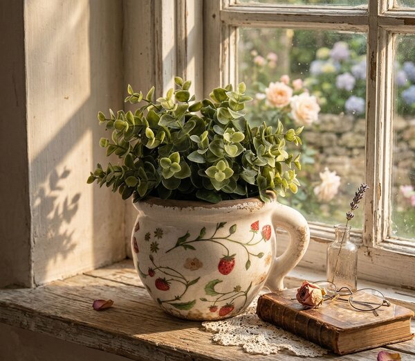 Béžový keramický obal na kvetináč s jahôdkami Wild Strawberries - 17*14*12 cm - Clayre & Eef