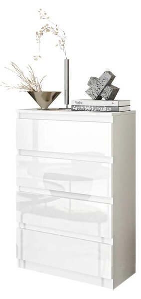 Vysoká komoda Gabriel 4 zásuvky - biela matná / biely lesk 92 cm, moderná a praktická