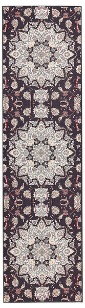 Koberec behúň čierna a béžová polyester 80 x 300 cm orientálny vzor protišmykový vintage moderný štýl predsieň