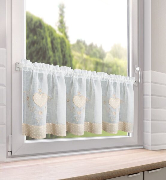 Dekorstudio Záclona INKA s riasiacou páskou 150x40cm - biela s béžovou výšivkou