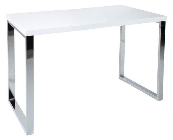 Moderný písací stôl Linear s bielou lesklou doskou a hranatými kovovými nohami v striebornej chrómovej úprave 120 cm