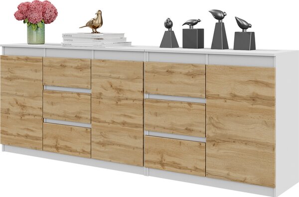 MIKEL - Komoda so 6 zásuvkami a 3 dvierkami - Komoda do spálne Úložná skriňa Príborník - biely matný / dub Wotan V75cm Š200cm H35cm