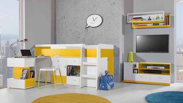 Nábytok do detskej izby s palandou 90x200 HARKA 1 - biely / žltý