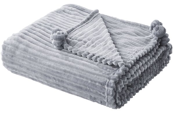 Deka sivá polyester 150 x 200 cm rebrovaná štruktúra s brmbolcami prikrývka na posteľ