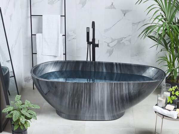 Voľne stojaca vaňa čierna mramorový efekt akrylát 170 x 80 cm oválny tvar pre 1 osobu moderný štýl kúpeľňa