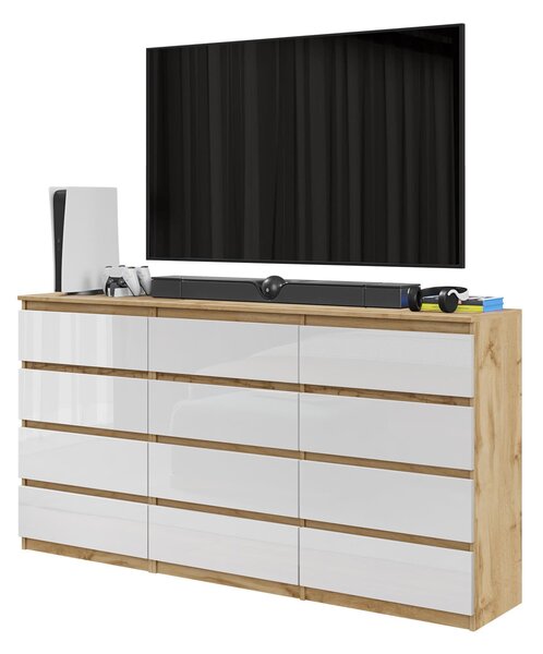 Veľká TV skrinka / komoda GABRIEL s 12 zásuvkami – 180 cm – dub Wotan / biela vysoký lesk – moderná komoda do obývacej izby – sada