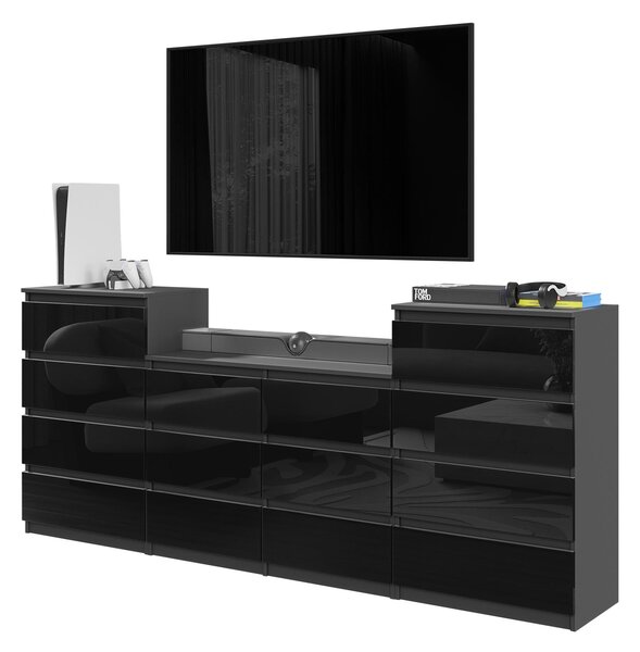 Komoda 220 Cm Antracitová / Čierna Lesklá S 14 Zásuvkami, Sada Troch Komód, Do Obývacej Izby
