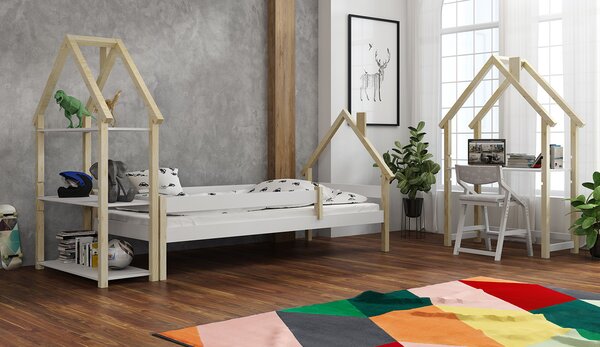 Detská posteľ domček Ollie SCANDI - biela-prírodná Half House bed 160x80 cm posteľ domček