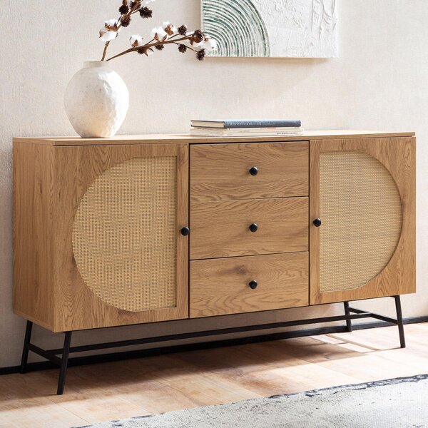Príborník 140x80x40 cm komoda Imitácia dub s ratanovým výpletom moderná, vysoká komoda, stojaca skriňa s 2 dvierkami a 3 zásuvkami, príborník obývačka | Wohnling