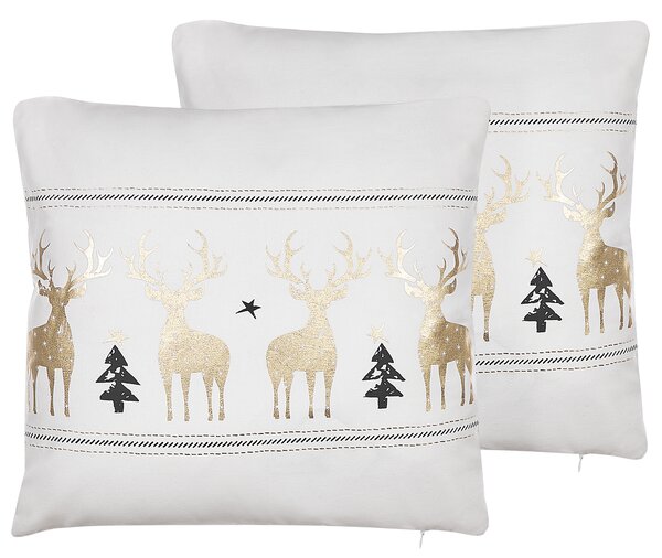 Sada 2 dekoratívnych vankúšov biela čierna zlatá bavlna polyester 45 x 45 cm štvorcový tvar zvierací vzor soby Vianoce glamour štýl