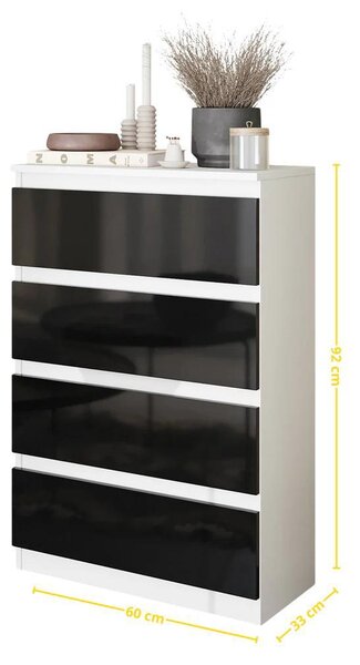 Vysoká komoda Gabriel 4 zásuvky - biely mat/čierny lesk 92 cm, moderná a praktická